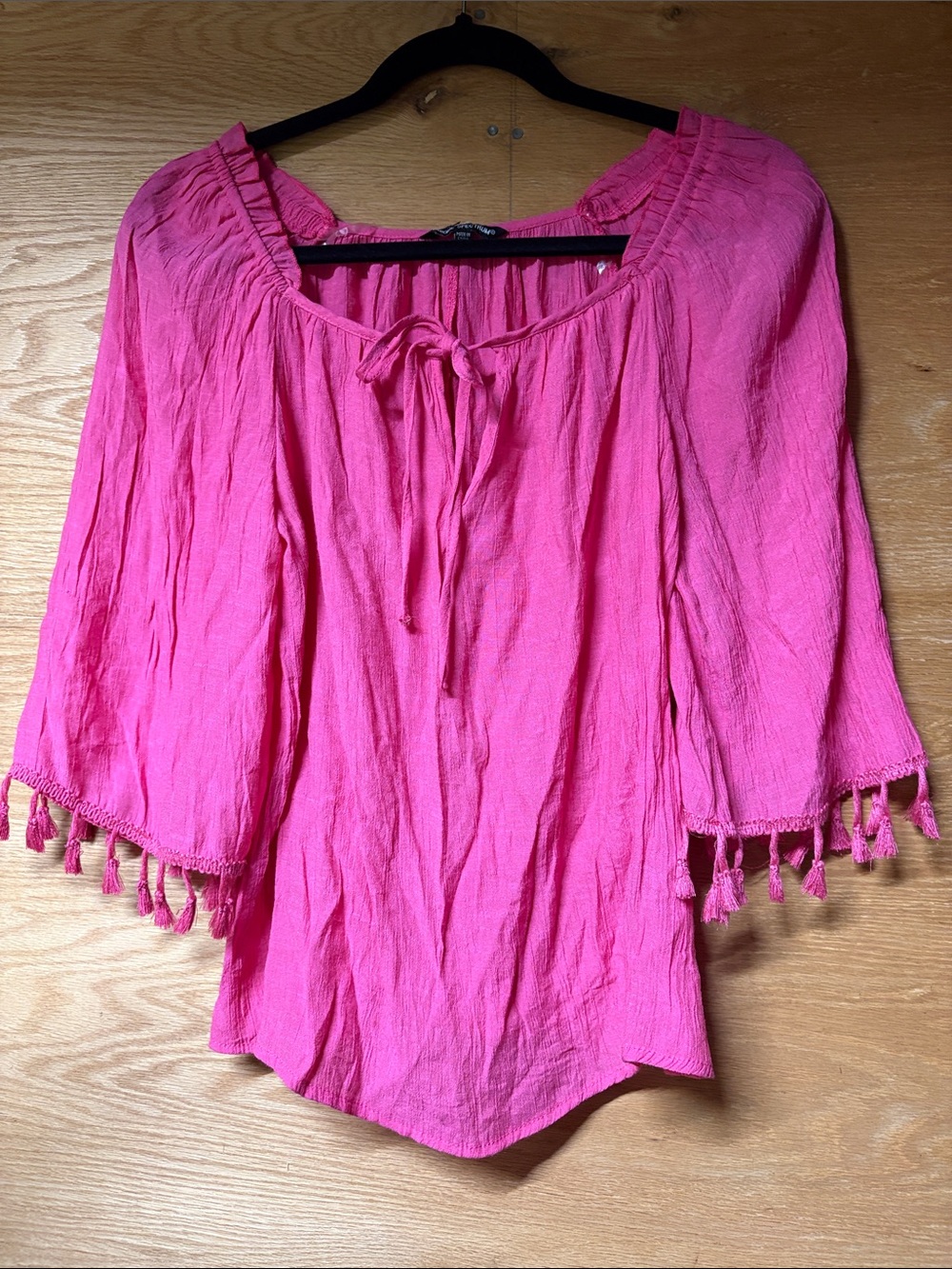 Unique Spectrum Hot Pink Peasant Top with Tassel Trim